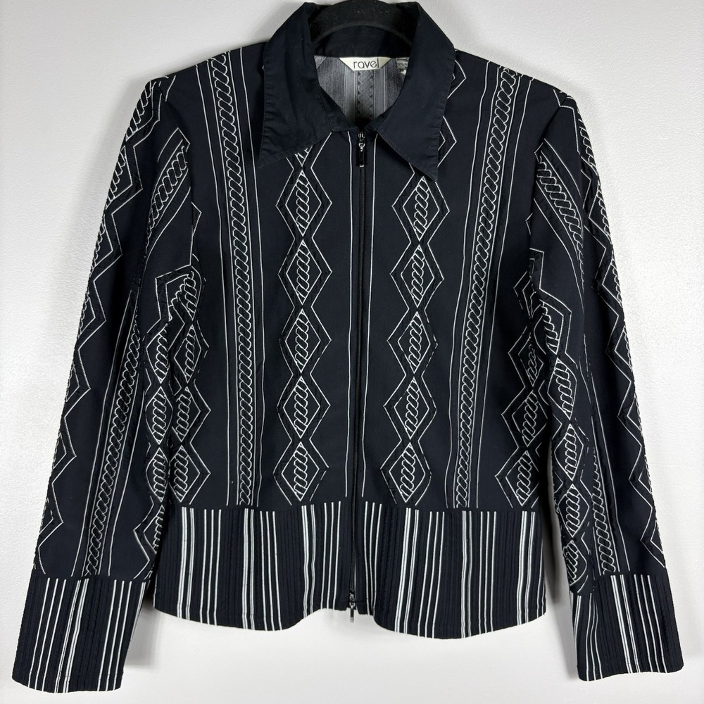 Ravel Women's Large Black White Argyle Striped Pattern Full Zip Long Sleeve Top